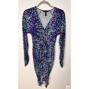 BCBG Max Azria Blue & Pink Animal Print Faux Wrap V-Neck Dress,‎ Size XS